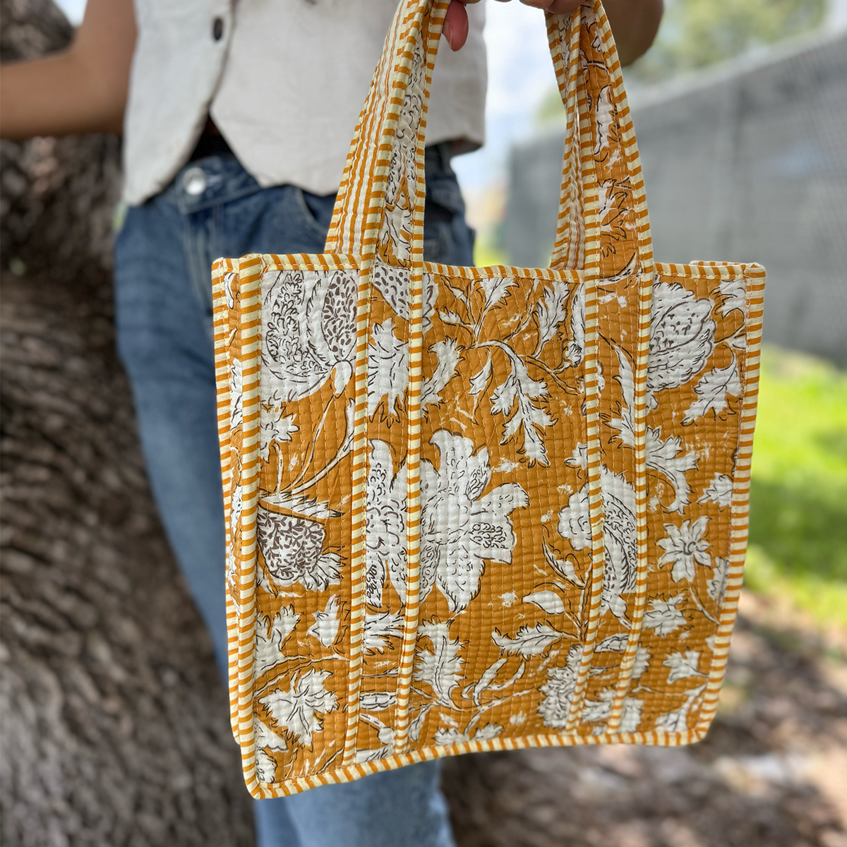 Cotton Tote Bag  Handmade Patchwork Indian Block Print (Medium Size)