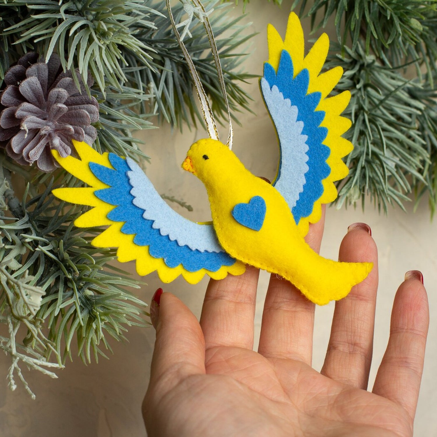 Felt birds in ukrainian blue and yellow colors. Felt ukrainian birds with the loop for easy hanging.
