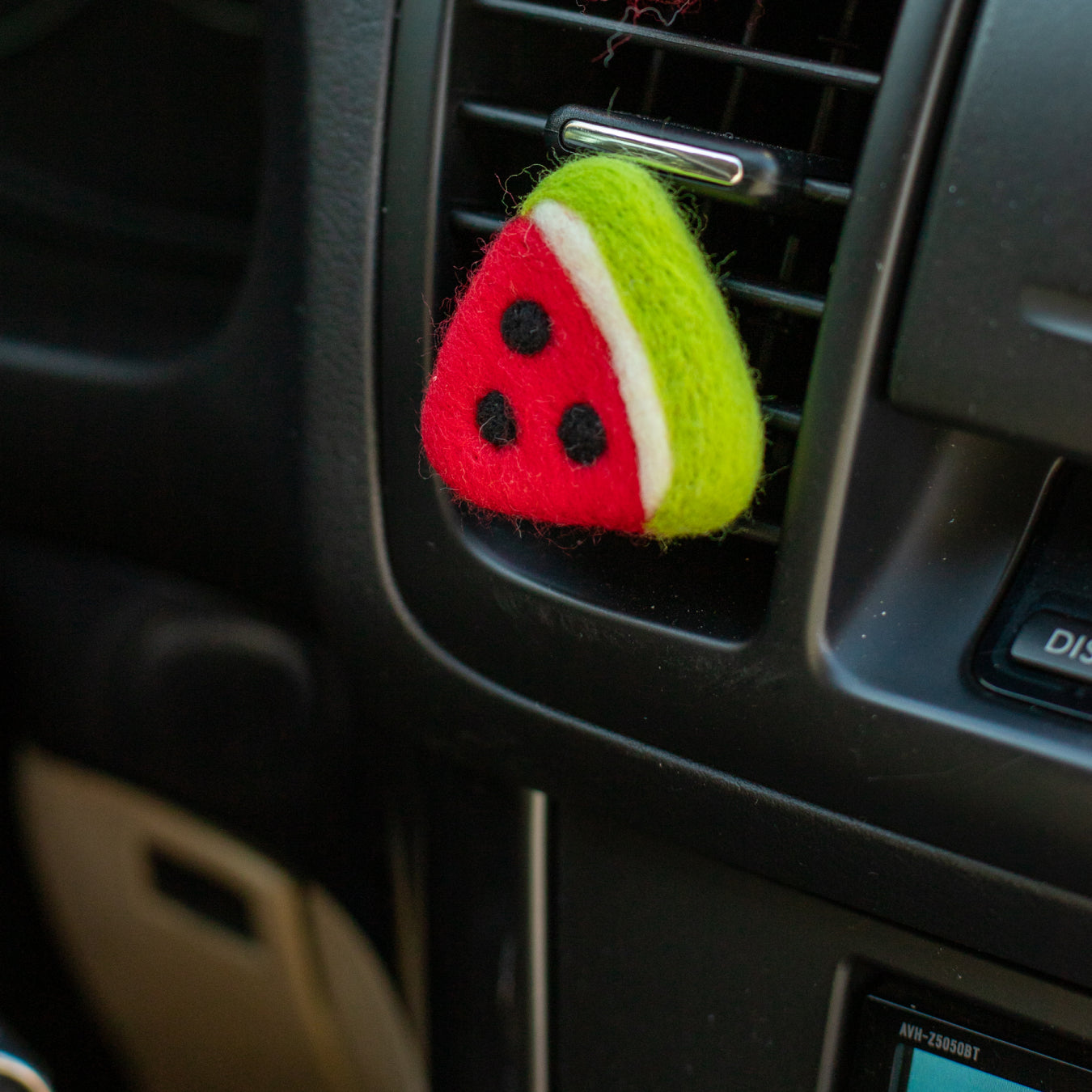 Car Air Vent Clip in the shape of Watermalon slice from soft wool felt, vehicle air fresheners. Gift for car owner. 
